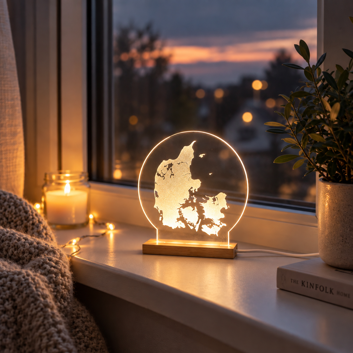 Danmark 15 cm - LED lys fra Dejligelys ved vindue i solnedgang