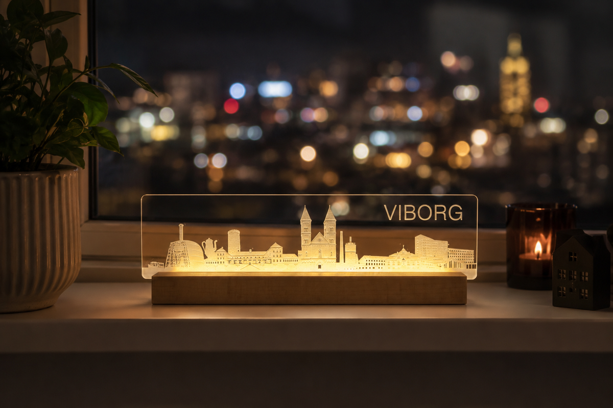 Viborg Skyline - fra serien "Danske byer i lys" DK produceret akryl lys - Dejligelys.dk