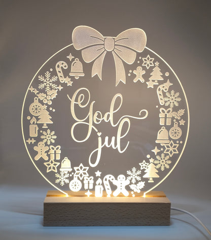 Julelys på LED fod - 20 cm Julekrans og god jul - Dansk produceret