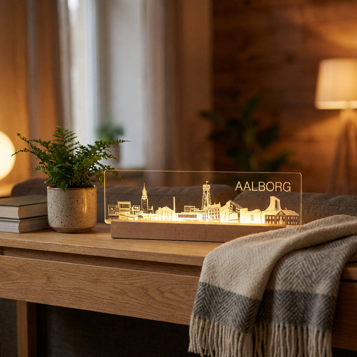 Aalborg Skyline - fra serien "Danske byer i lys" DK produceret akryl lys - Dejligelys.dk