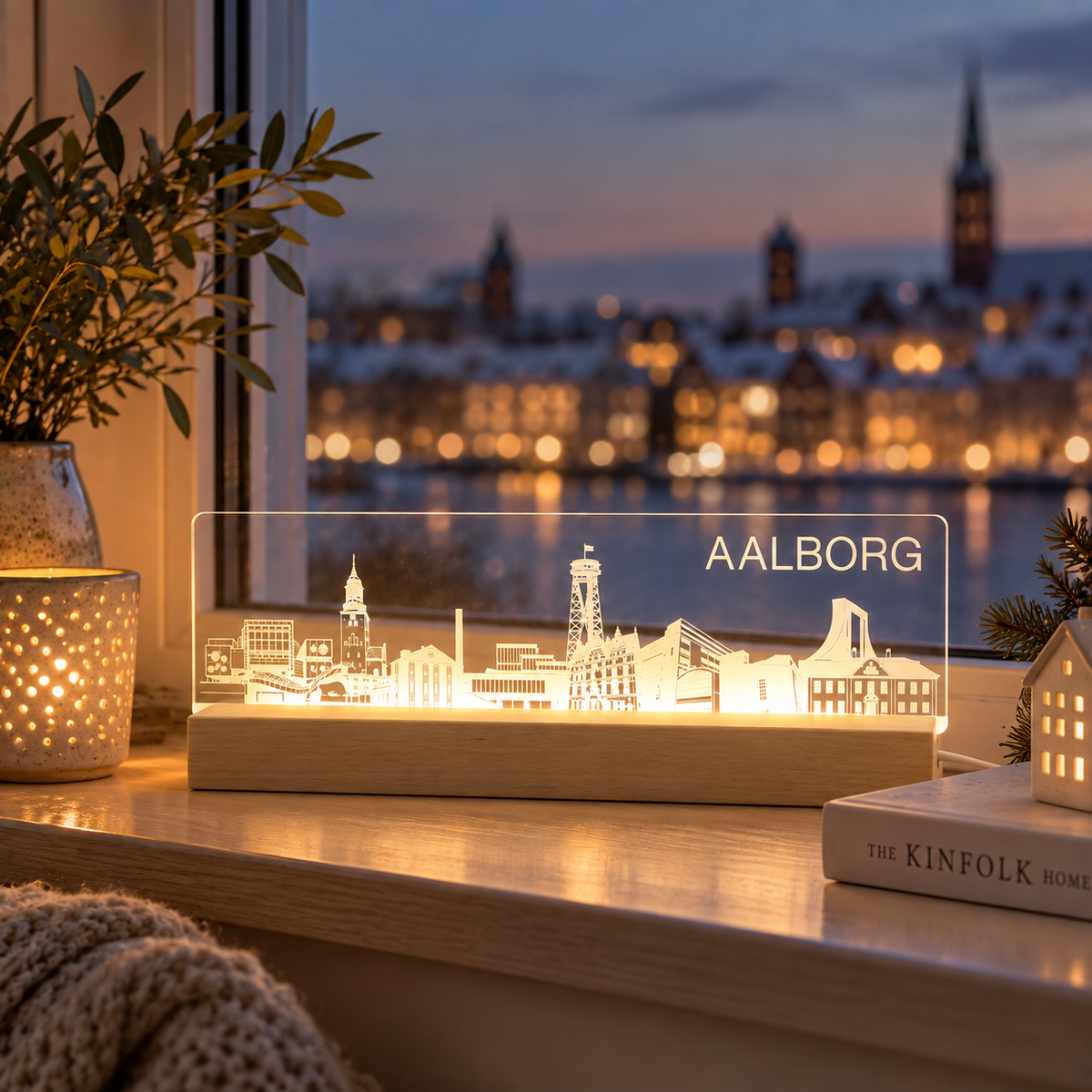 Aalborg Skyline - LED lys fra Dejligelys ved vindue om aftenen