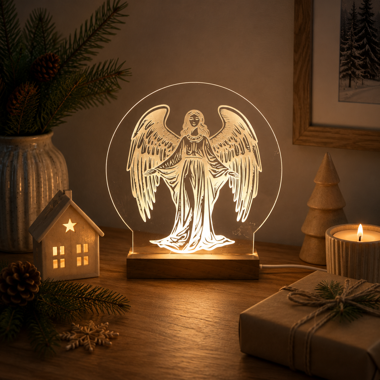 Julelys på LED fod - 15 cm engel- Dansk produceret