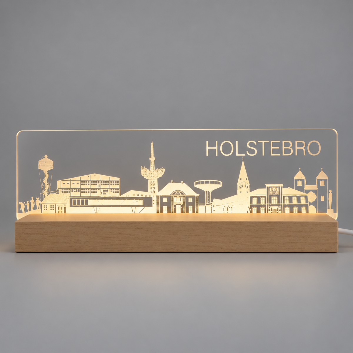 Holstebro Skyline - LED lys fra Dejligelys på grå baggrund