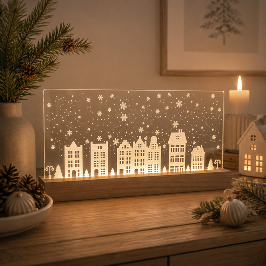 Julelys på LED fod - 30 cm Julebyen under stjernehimlen - Dansk produceret