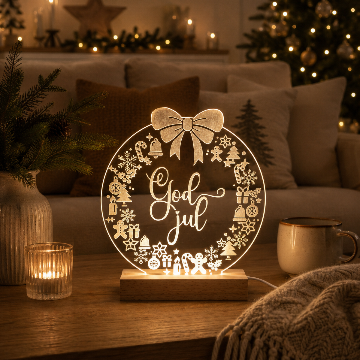 Julelys på LED fod - 20 cm Julekrans og god jul - Dansk produceret - Dejligelys.dk