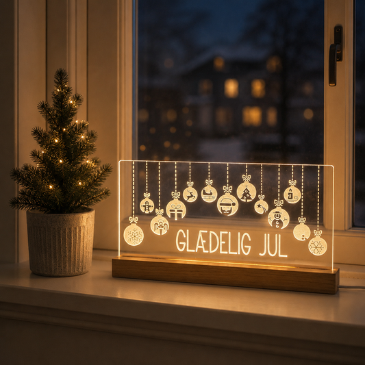 Julelys på LED fod - 30 cm julekugler med julemotiver - Dansk produceret