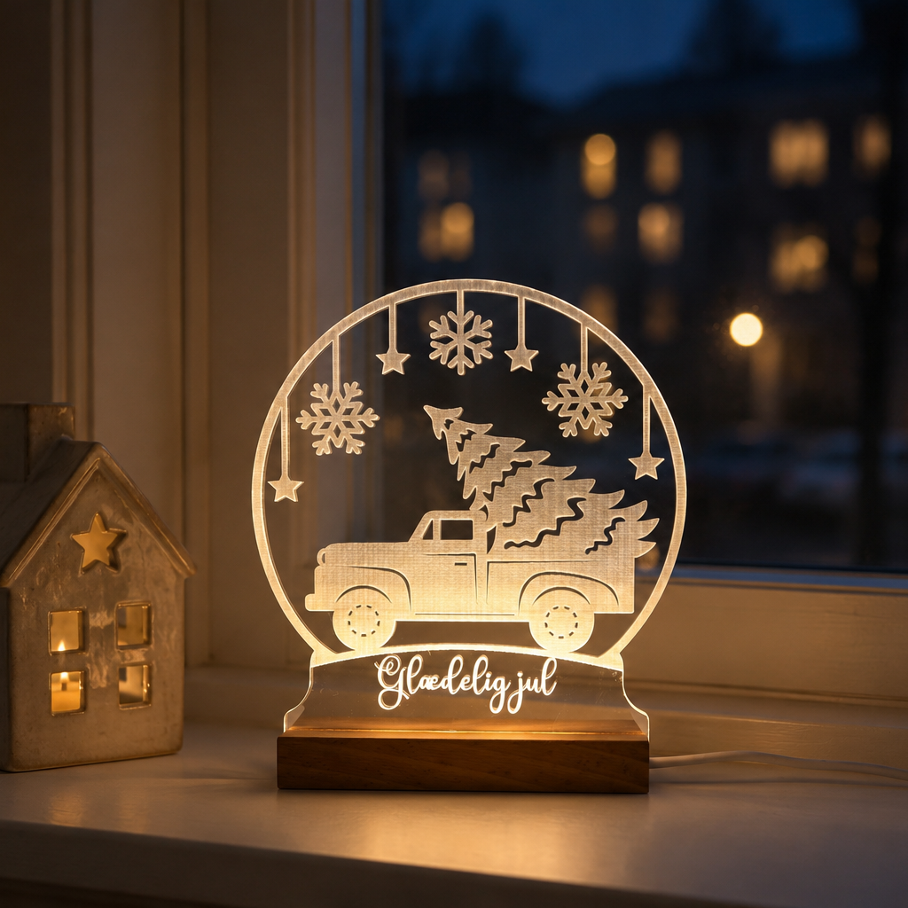 Julelys på LED fod - Bil med juletræ - Dansk produceret
