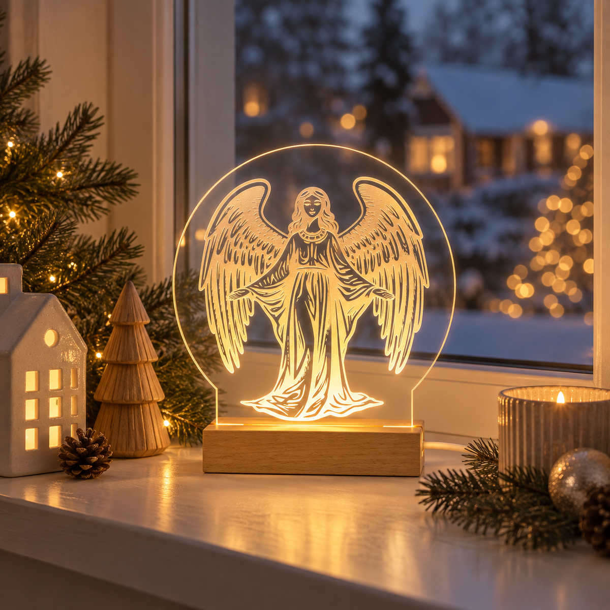 Julelys engel 15 cm - LED lys fra Dejligelys i vindue om vinteren