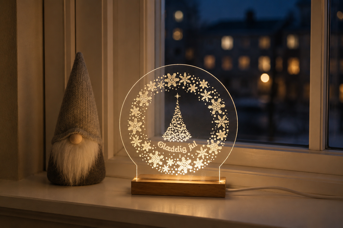 Julelys på LED fod - 15 cm Juletræ og glædelig jul - Dansk produceret - Dejligelys.dk