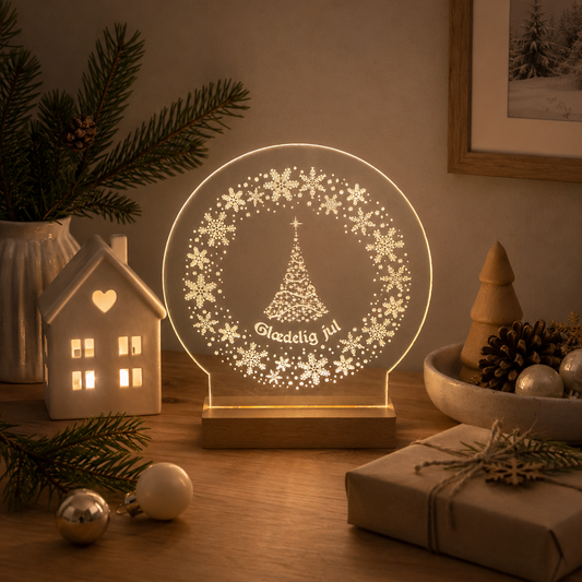 Julelys på LED fod - 20 cm Juletræ og glædelig jul - Dansk produceret - Dejligelys.dk
