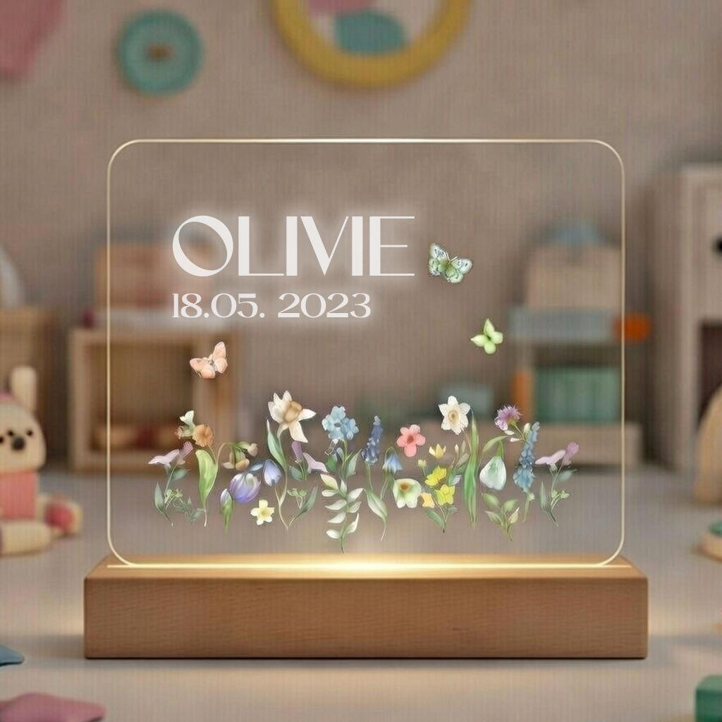 Blomstertema LED lampe med navn