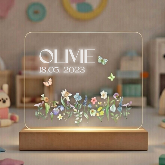 Blomstertema LED lampe med navn