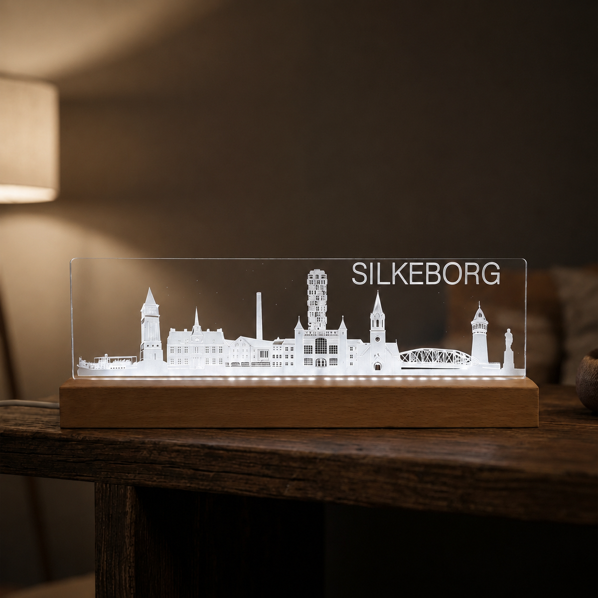 Silkeborg Skyline - i serien "Danske byer i lys" DK produceret akryl lys - Dejligelys.dk
