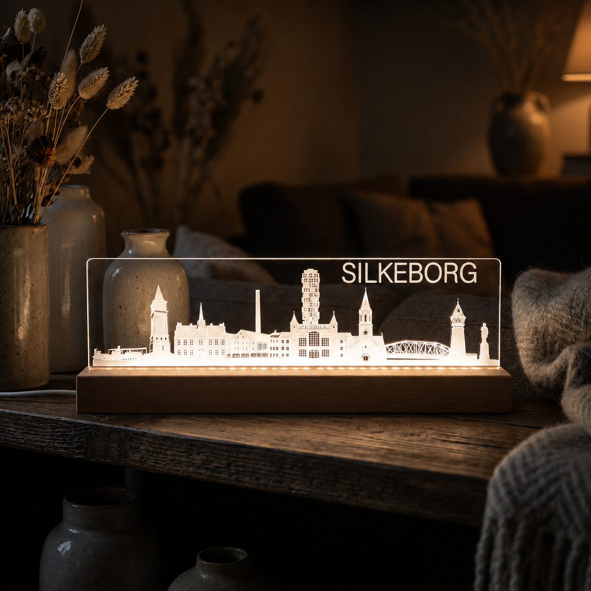 Silkeborg Skyline - i serien "Danske byer i lys" DK produceret akryl lys - Dejligelys.dk